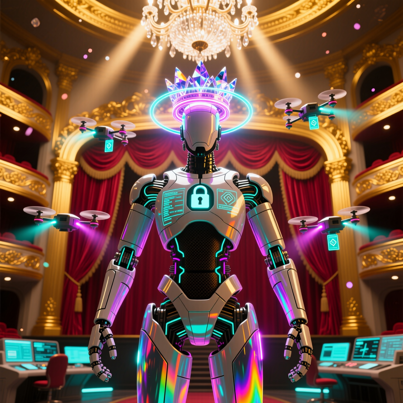 CoolTech FieldOps — Refrigeration Mission Control — Version Control category hero — glowing digital shield / padlock / crown / crystal object at the frame center, protected by hovering tech drones in golden-lit theater interior with heavy velvet curtains and cinematic chandeliers