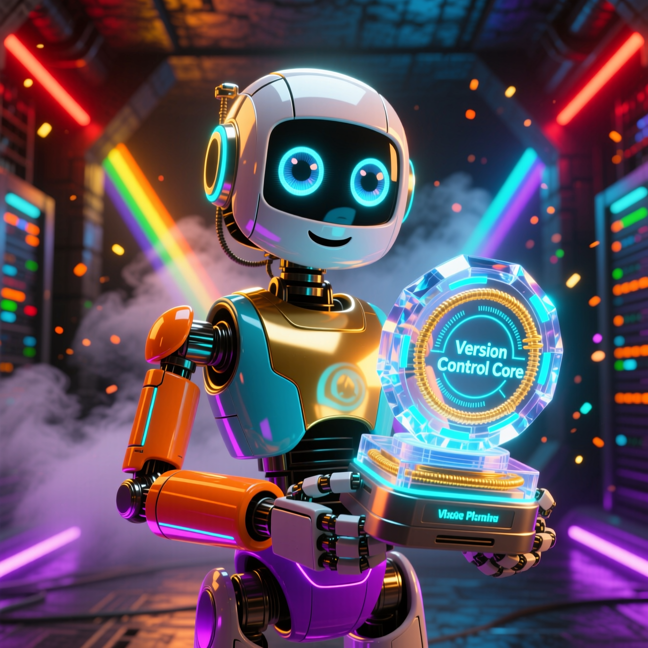 CoolTech FieldOps — Refrigeration Operations Command — Version Control category hero — friendly Pixar-quality mascot robot with big expressive optical eyes, holding an object that represents the category in underground rave-like data cathedral with laser beams cutting through smoke