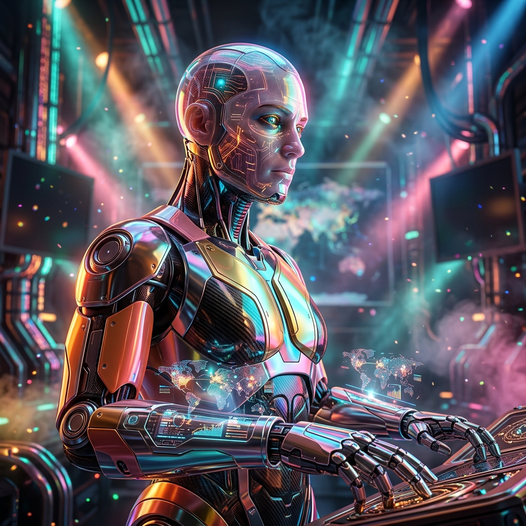 CorpCockpit — Global Business & Corporate Services Mission Contr — Global Business & Corporate Services category hero — cinematic cyborg character seen in three-quarter profile, exposed circuitry glowing beneath translucent skin, intense neon rim light in underground rave-like data cathedral with laser beams cutting through smoke
