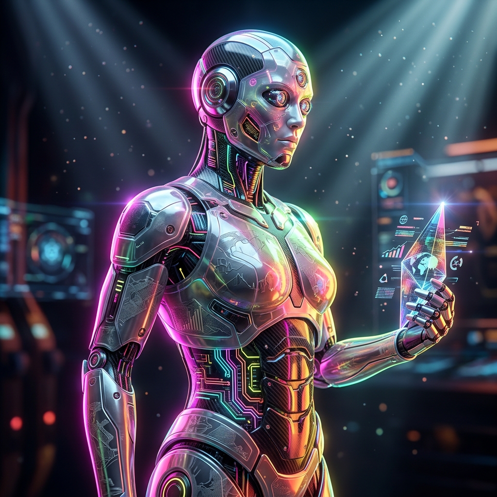 CorpStudio - Global Business & Corporate Services Production Sui — Global Business & Corporate Services category hero — cinematic cyborg character seen in three-quarter profile, exposed circuitry glowing beneath translucent skin, intense neon rim light in dark cinematic stage with dramatic spotlights streaming down and a hazy atmospheric fog