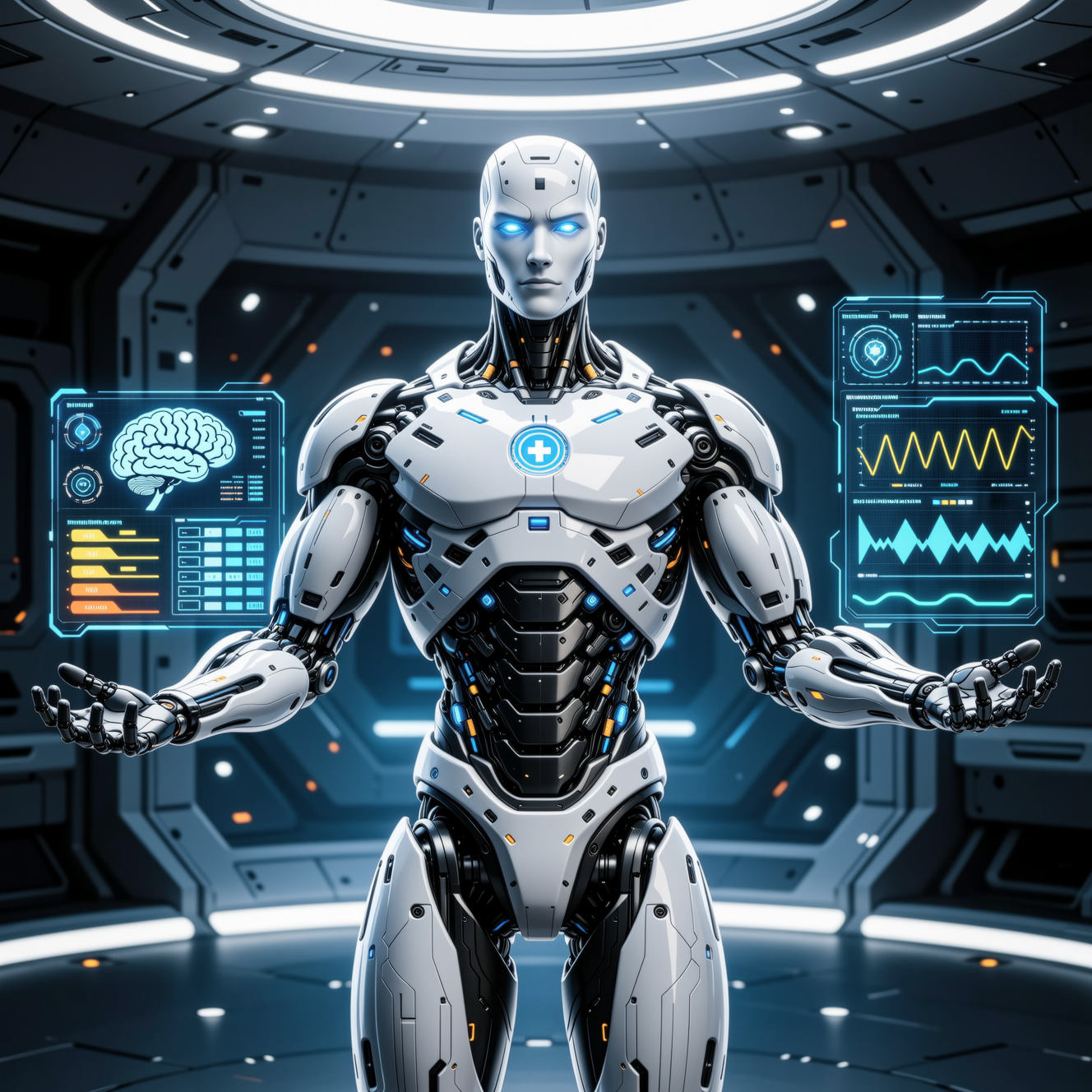 CortexBoard — Psychiatric Follow-up Command Center — Medical Services category hero — war-worn but heroic mech pilot robot with painted panels, weathered detail, cinematic hero lighting in chrome-and-glass showroom with mirrored floor and rim-lit product staging