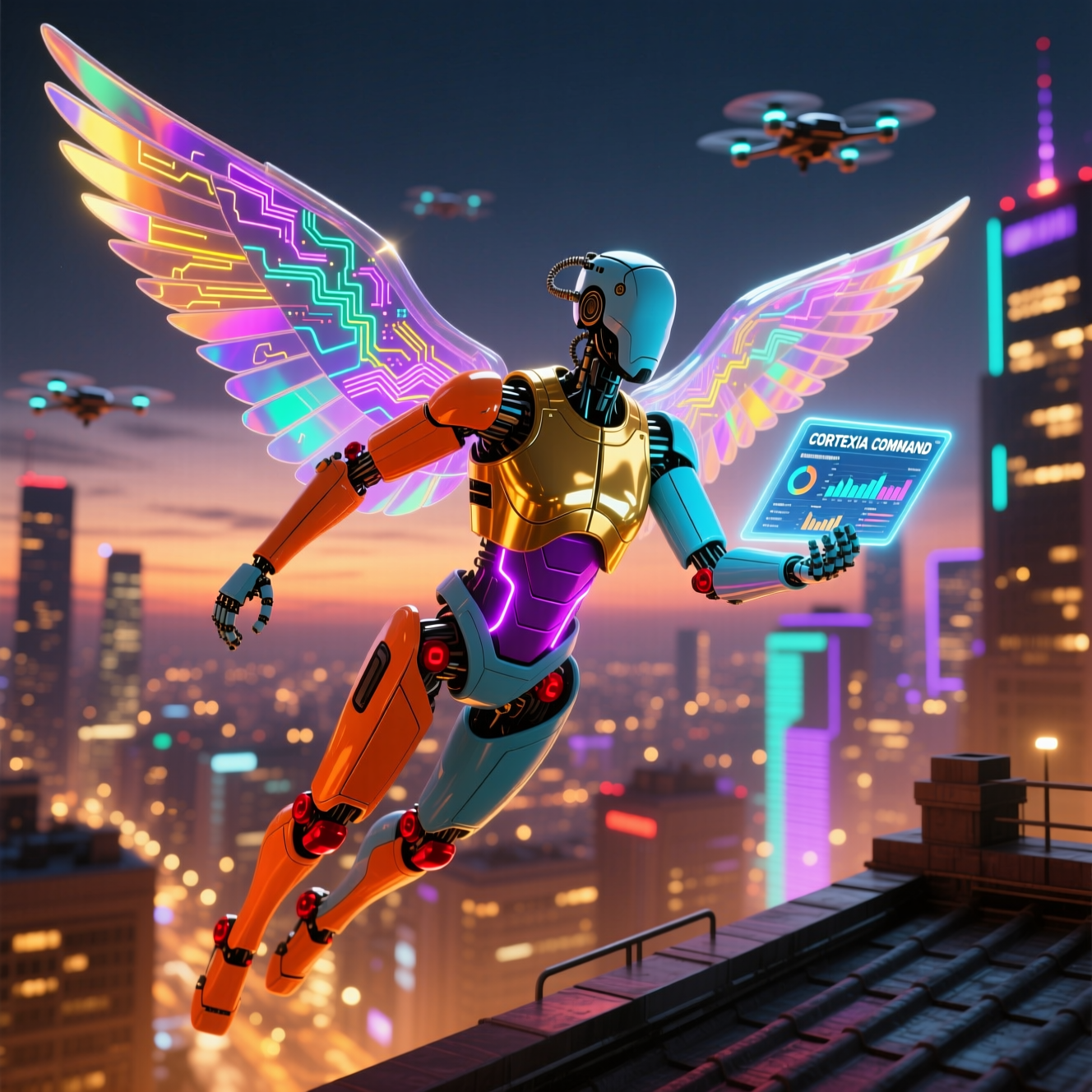 CORTEXIA COMMAND — Business Management Case Command Center — Business Management category hero — courier-style android with iridescent wings unfurled, mid-flight silhouette against the environment in rooftop overlooking a neon megacity skyline at dusk, drones flying in the distance