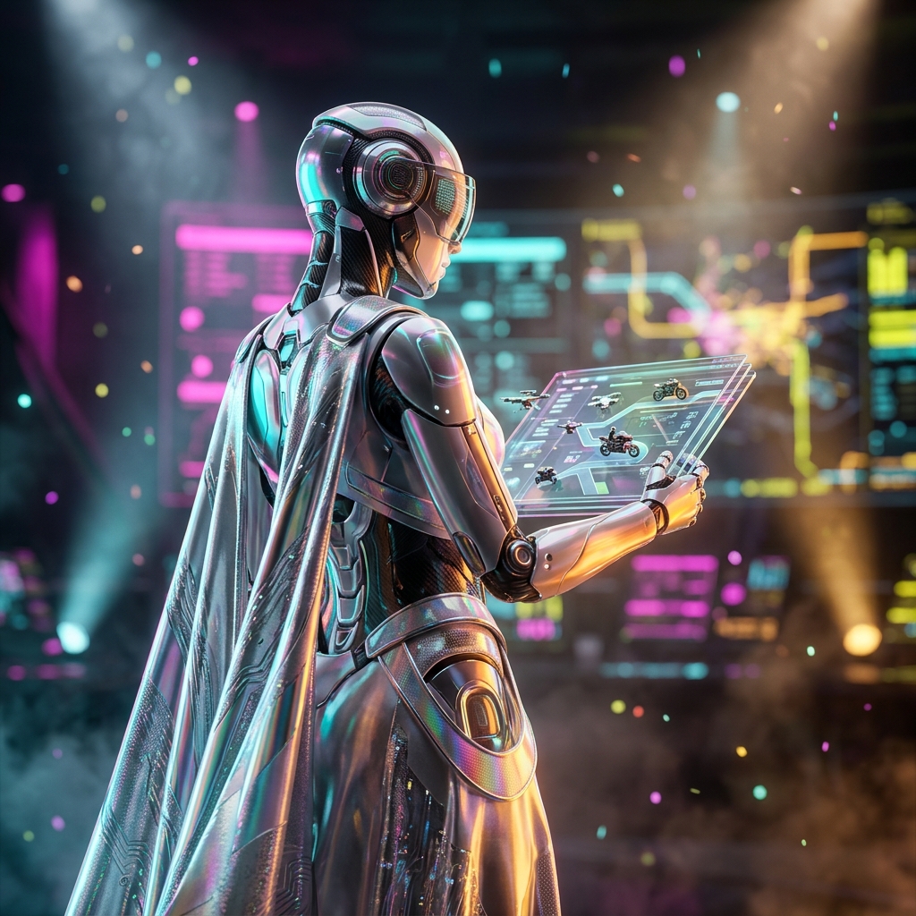Courier Command | Dispatch & Fleet Mission Control — Courier category hero — elegant fashion-forward android in flowing reflective couture fabric, editorial pose in dark cinematic stage with dramatic spotlights streaming down and a hazy atmospheric fog