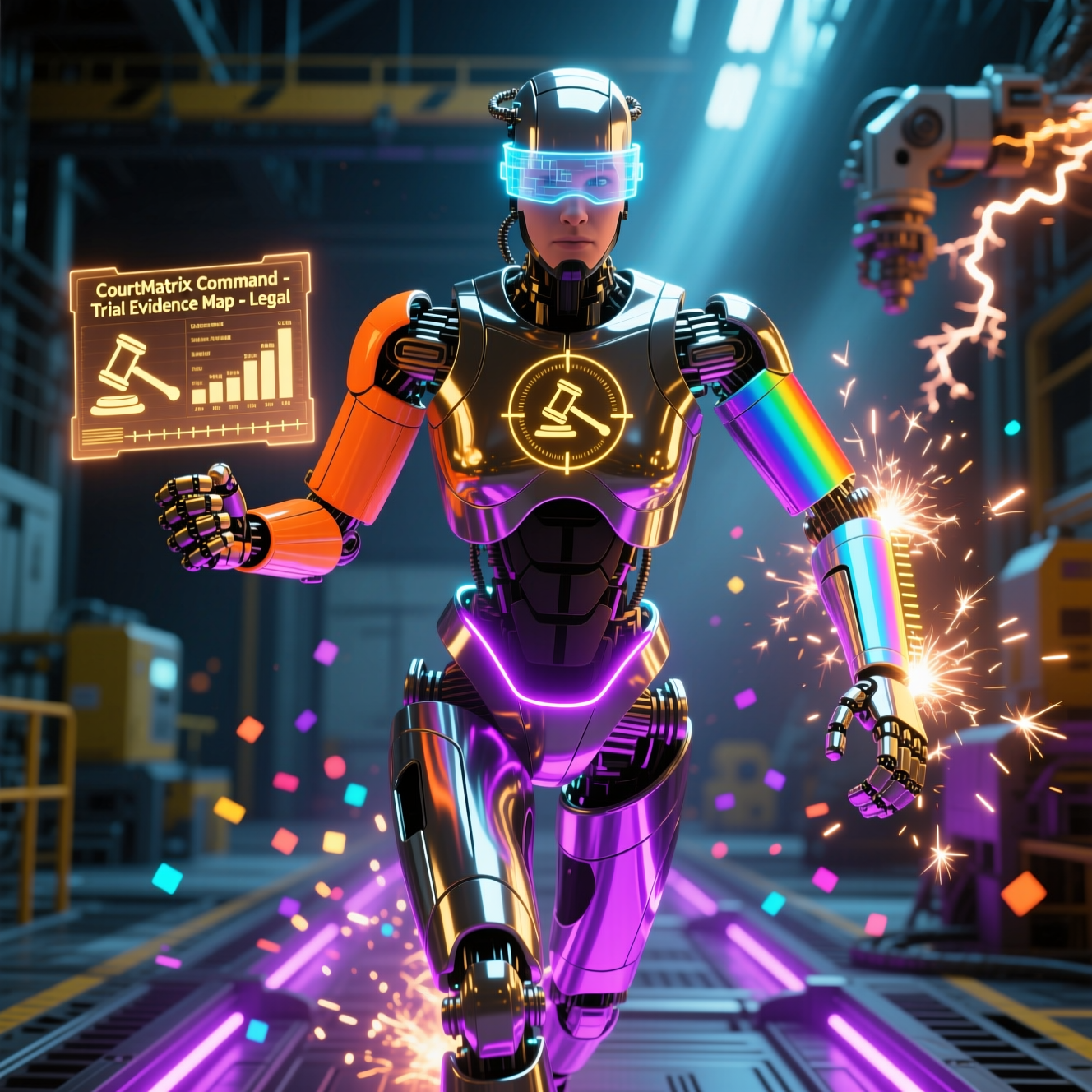 CourtMatrix Command — Trial Evidence Map — Legal category hero — chrome-plated bipedal android caught mid-motion, sparks and light particles trailing around it in magnetic-levitation factory floor with sparking arcs of electricity and machinery