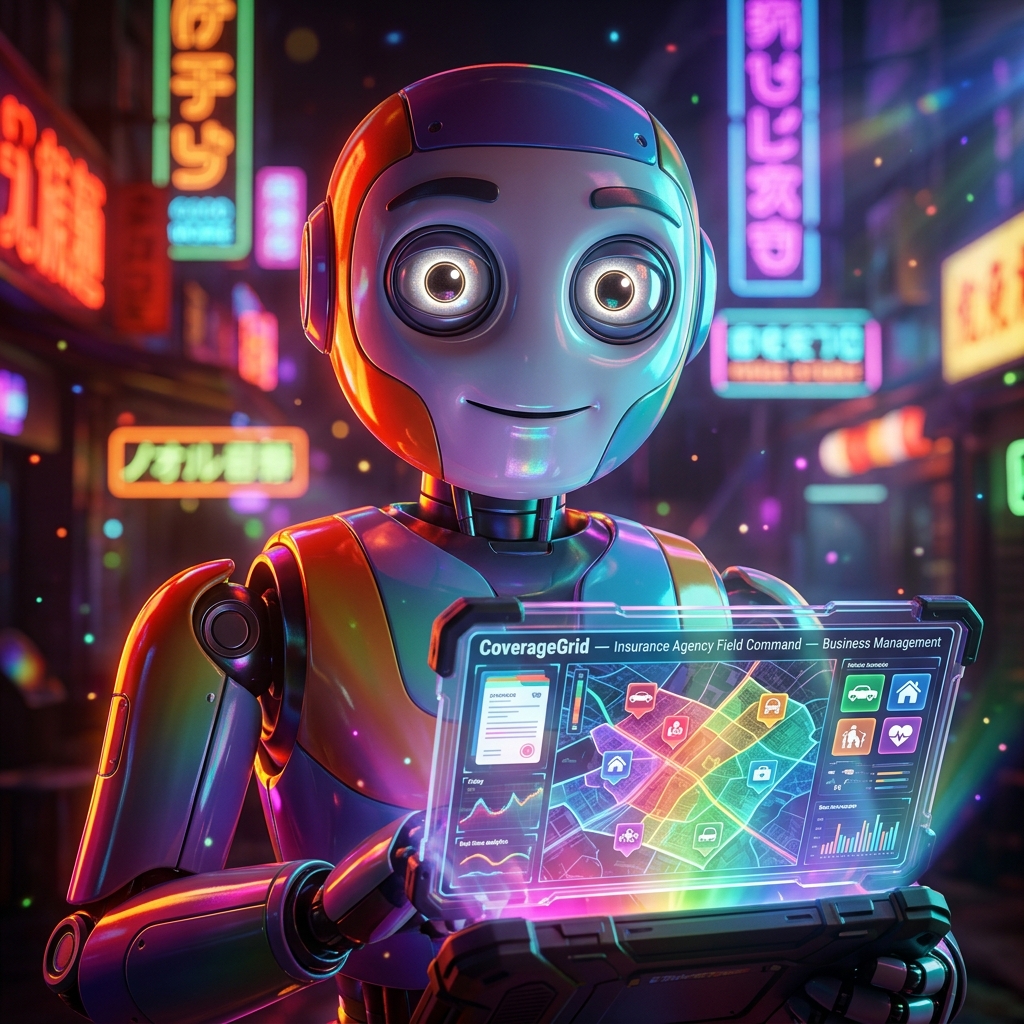 CoverageGrid — Insurance Agency Field Command — Business Management category hero — friendly Pixar-quality mascot robot with big expressive optical eyes, holding an object that represents the category in Blade-Runner-style noodle-shop alley with dense neon signage in the background