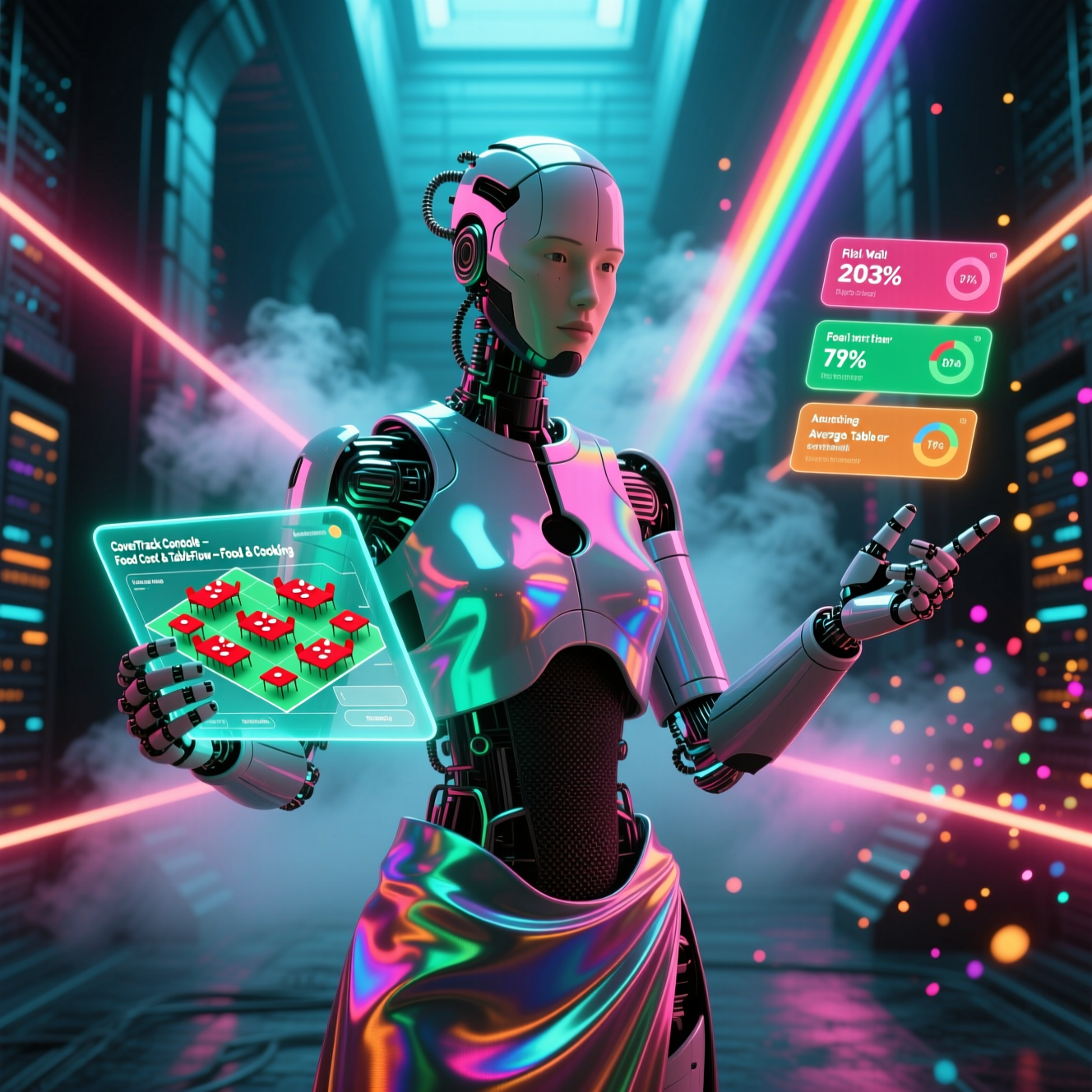 CoverTrack Console — Food Cost & TableFlow — Food & Cooking category hero — elegant fashion-forward android in flowing reflective couture fabric, editorial pose in underground rave-like data cathedral with laser beams cutting through smoke