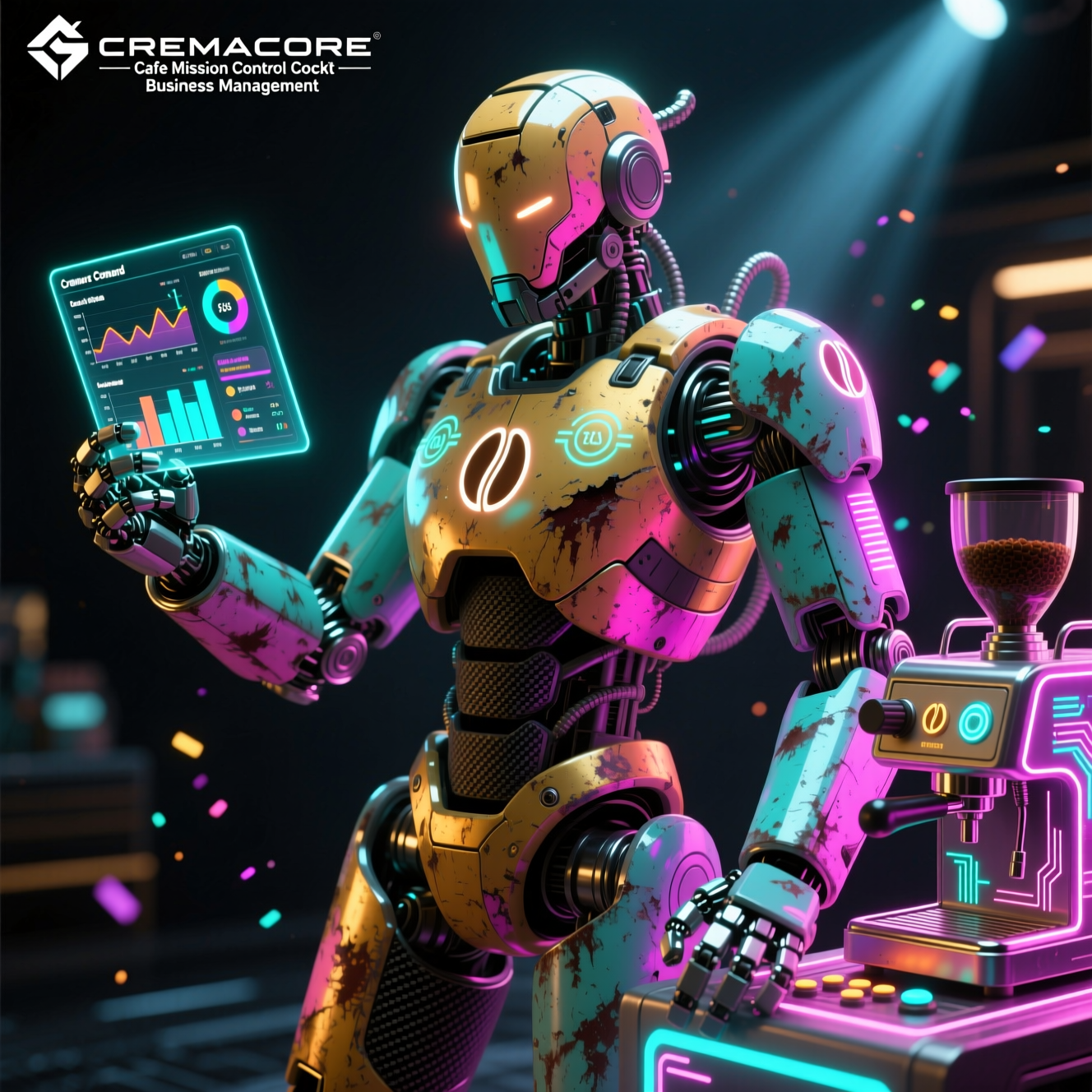 CremaCore Command — Café Mission Control Cockpit — Business Management category hero — war-worn but heroic mech pilot robot with painted panels, weathered detail, cinematic hero lighting in dark cinematic stage with dramatic spotlights streaming down and a hazy atmospheric fog