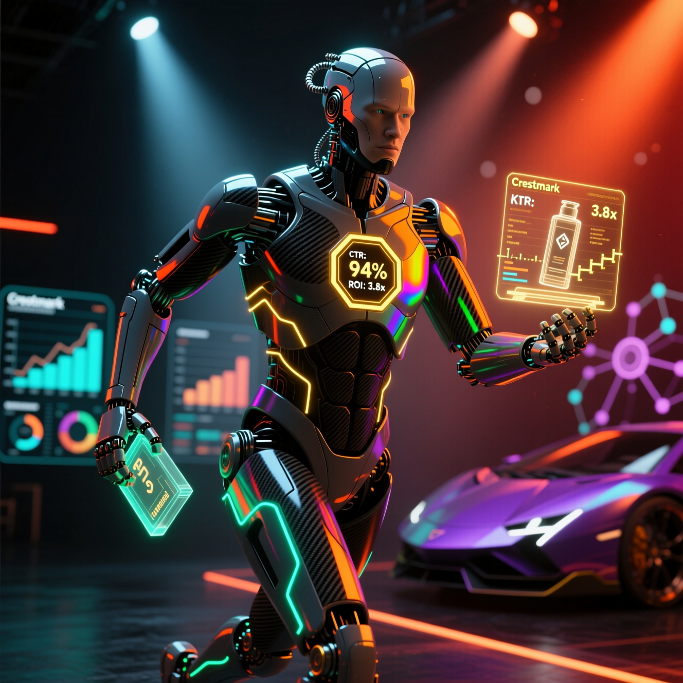 Crestmark Campaign Command | Creative Campaign War Room — Business category hero — sleek sports-car-inspired bipedal android mid-motion, carbon-fiber musculature and glowing accent lines in dark cinematic stage with dramatic spotlights streaming down and a hazy atmospheric fog
