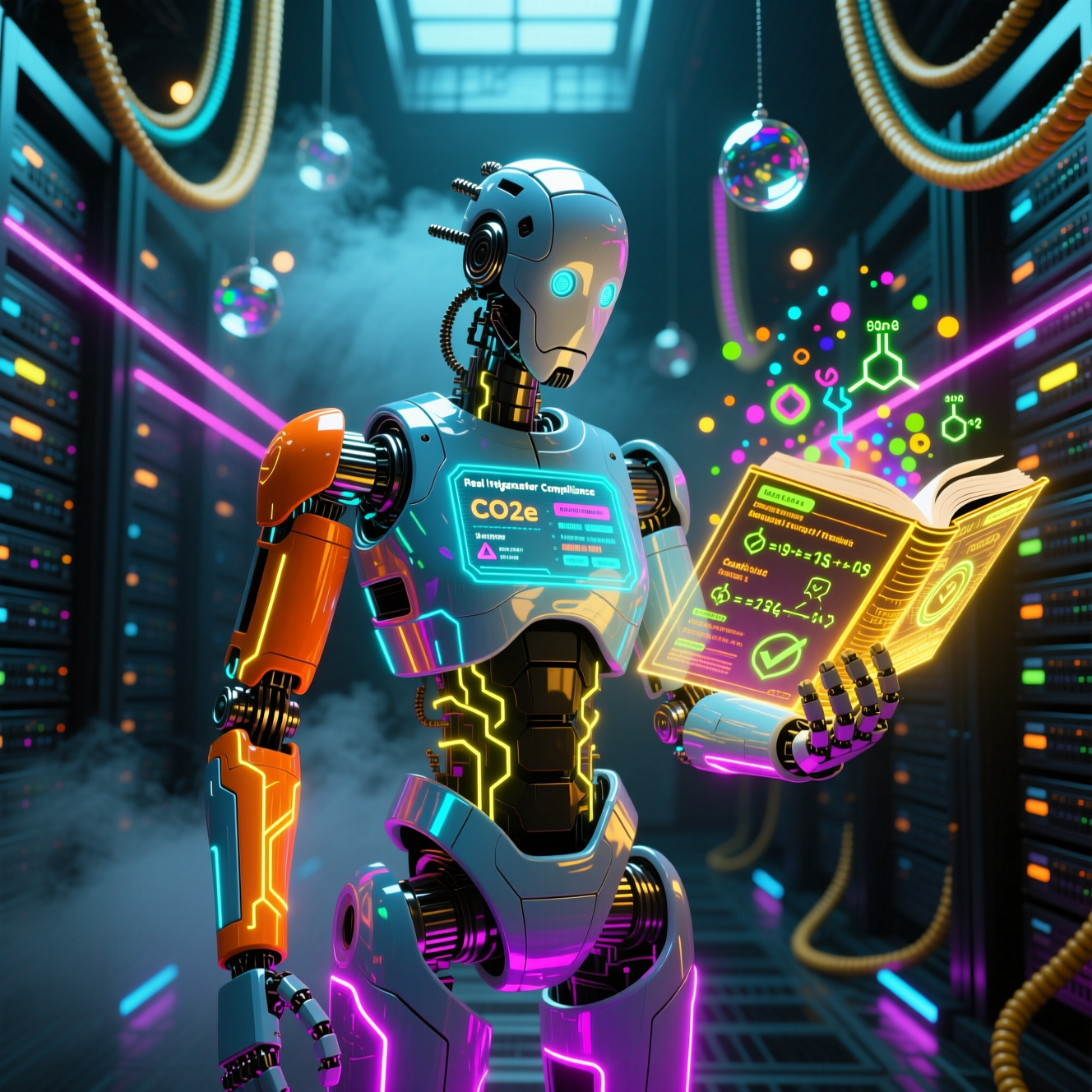 CryoBoard Compliance Studio — Refrigerant Management — Version Control category hero — sci-fi wizard robot with a floating spellbook of holographic glyphs and light particles in underground rave-like data cathedral with laser beams cutting through smoke