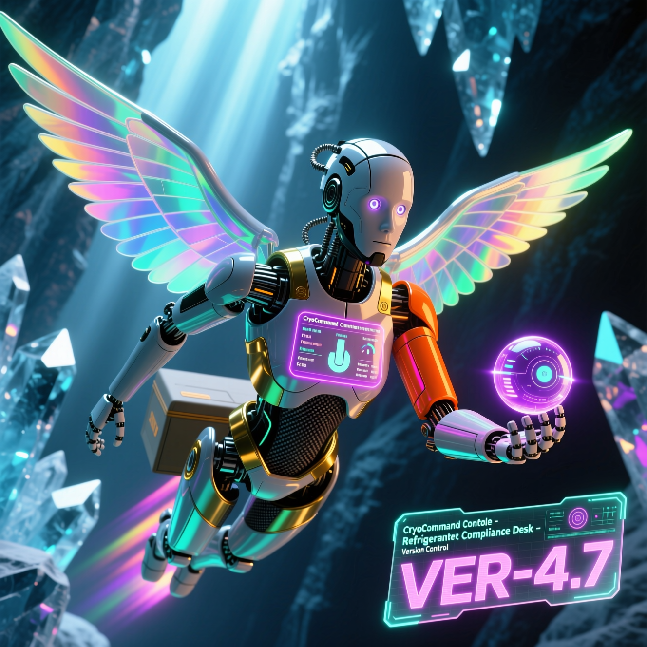 CryoCommand Console — Refrigerant Compliance Desk — Version Control category hero — courier-style android with iridescent wings unfurled, mid-flight silhouette against the environment in crystalline ice cavern lit by bioluminescent tech installations