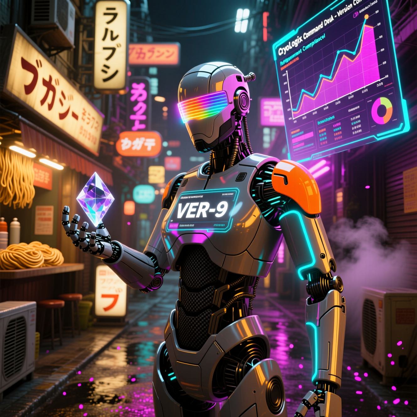 CryoLogix Command — Refrigerant Compliance Desk — Version Control category hero — hyper-detailed humanoid robot with glossy plating and glowing visor eyes, striking a confident hero pose in the center of the frame in Blade-Runner-style noodle-shop alley with dense neon signage in the background