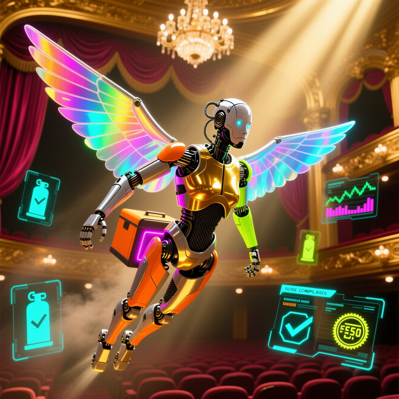 CryoLogix Vault — Refrigerant Compliance Intelligence Ledger — Version Control category hero — courier-style android with iridescent wings unfurled, mid-flight silhouette against the environment in golden-lit theater interior with heavy velvet curtains and cinematic chandeliers