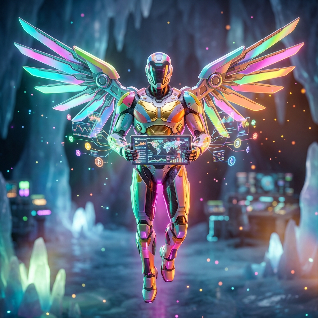 CryptoGuardian Mission Control — Crypto News category hero — courier-style android with iridescent wings unfurled, mid-flight silhouette against the environment in crystalline ice cavern lit by bioluminescent tech installations