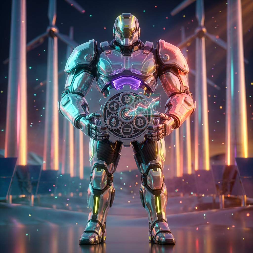 Cryptosis Command — Crypto Converter Mission Control — Crypto Converter category hero — heavily armored guardian robot holding a symbolic emblem of the category with both hands in desert solar farm at magic hour with reflective sand and towering chrome pylons
