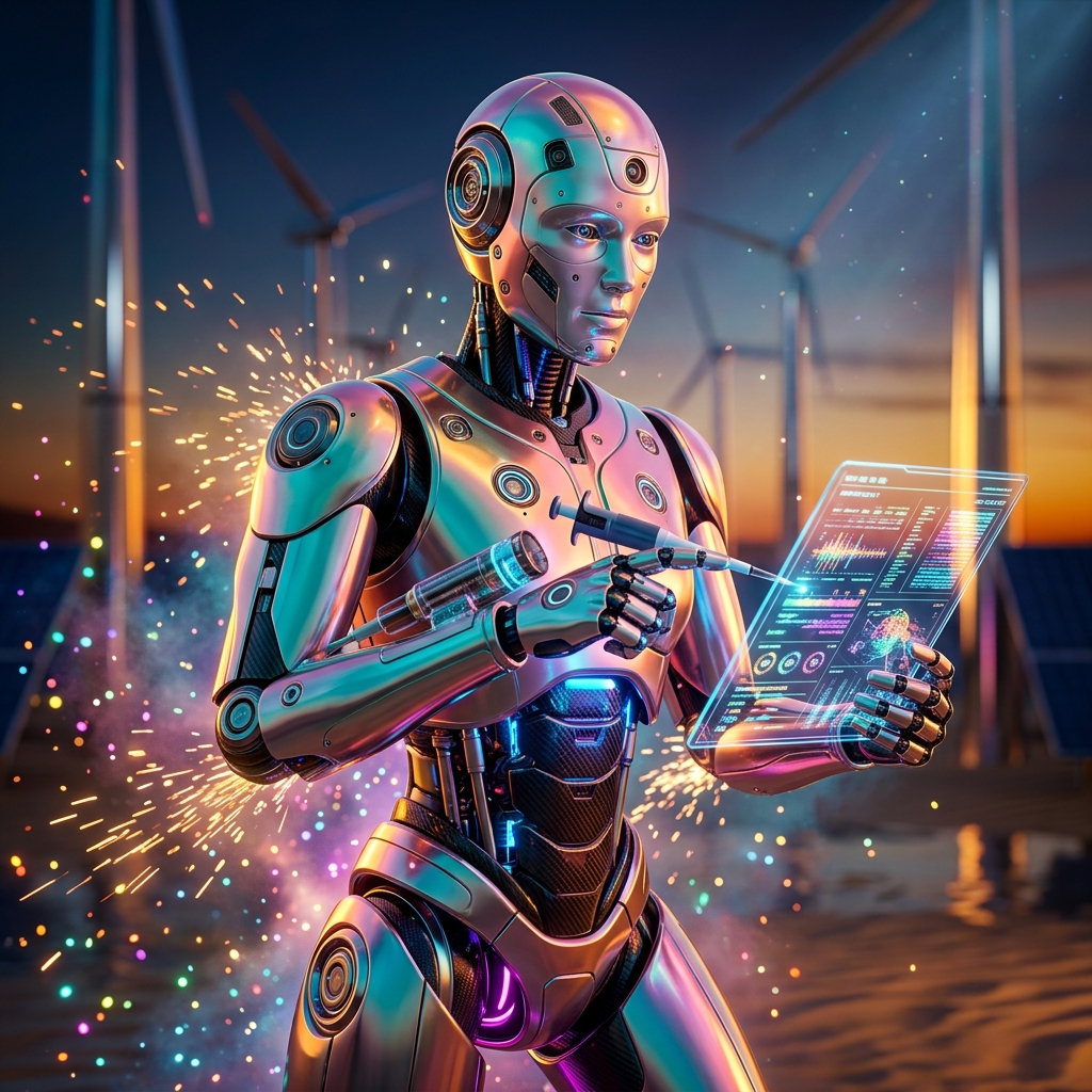 CulturePlex LIMS | Microbiology Lab Command — Medical Records category hero — chrome-plated bipedal android caught mid-motion, sparks and light particles trailing around it in desert solar farm at magic hour with reflective sand and towering chrome pylons