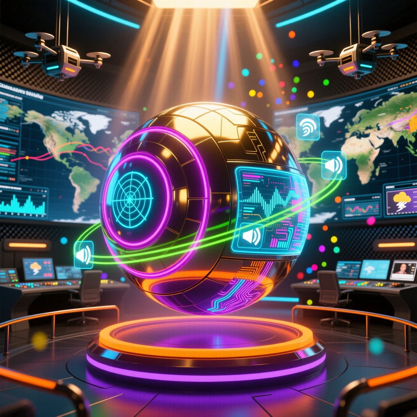 Cumulux Studio · Weather Production Suite — Weather category hero — floating spherical AI orb with concentric glowing rings and orbiting holographic icons around it in futuristic control room with massive glowing holographic screens and volumetric light rays
