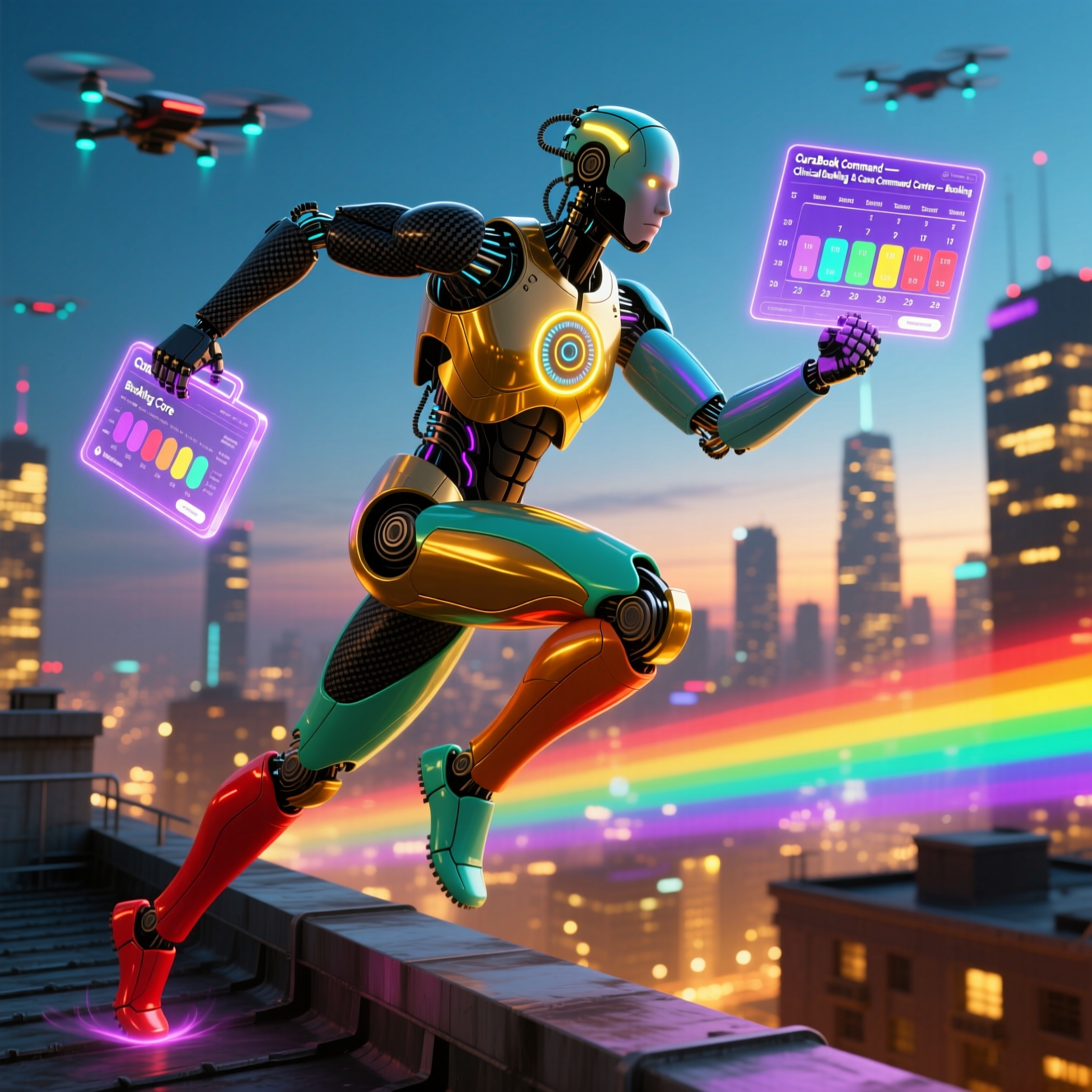 CuraBook Command — Clinical Booking & Case Command Center — Booking category hero — sleek sports-car-inspired bipedal android mid-motion, carbon-fiber musculature and glowing accent lines in rooftop overlooking a neon megacity skyline at dusk, drones flying in the distance