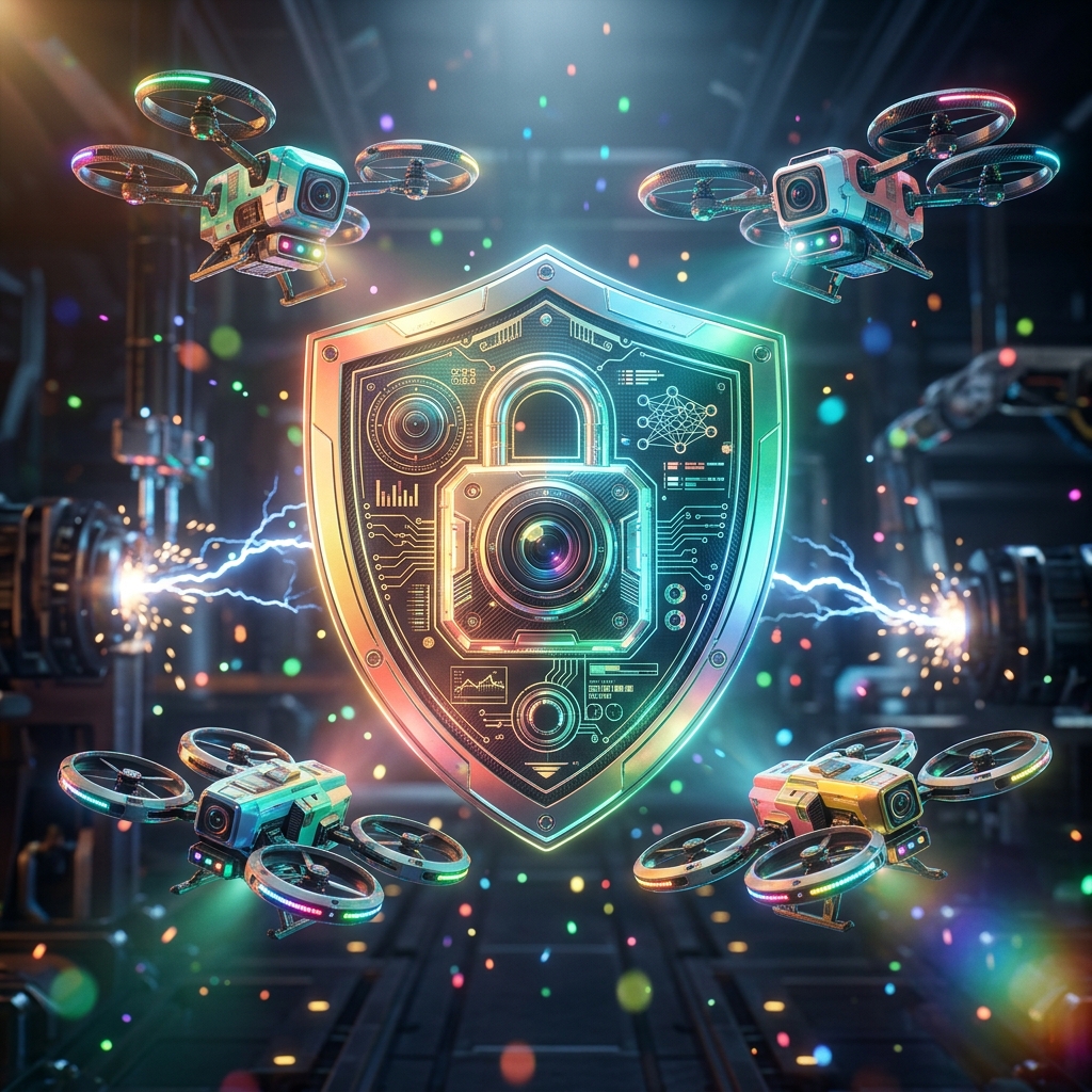 CV Core — Computer Vision Operation Cockpit — Computer Vision category hero — glowing digital shield / padlock / crown / crystal object at the frame center, protected by hovering tech drones in magnetic-levitation factory floor with sparking arcs of electricity and machinery