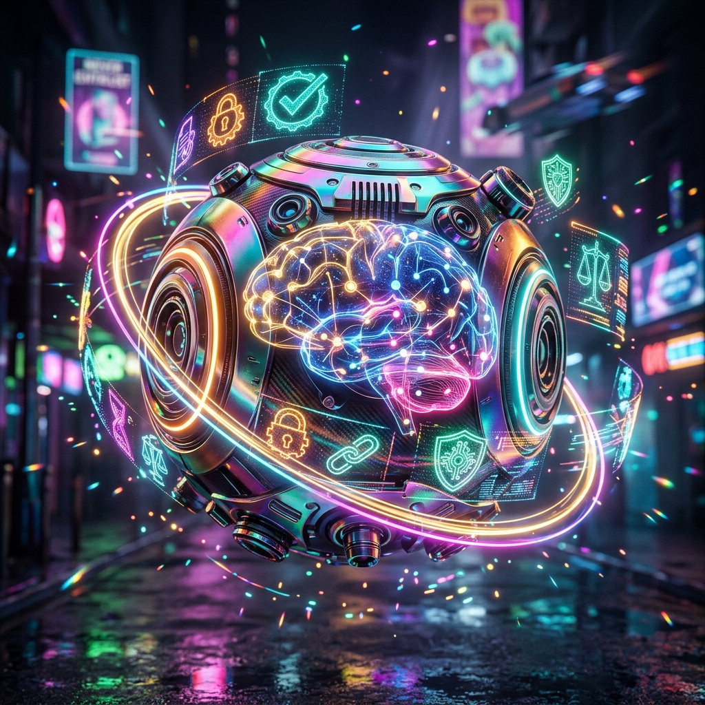 CyberGuard · Compliance Intelligence Ledger — Antivirus & Cybersecurity category hero — floating spherical AI orb with concentric glowing rings and orbiting holographic icons around it in neon-lit cyberpunk street at night, wet pavement reflections, hovering holograms in the background