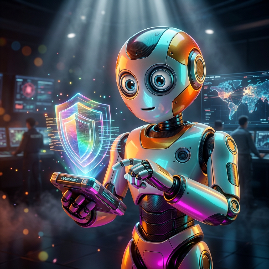 CyberShield Tactical Ops — Field Operations Grid — Antivirus & Cybersecurity category hero — friendly Pixar-quality mascot robot with big expressive optical eyes, holding an object that represents the category in dark cinematic stage with dramatic spotlights streaming down and a hazy atmospheric fog