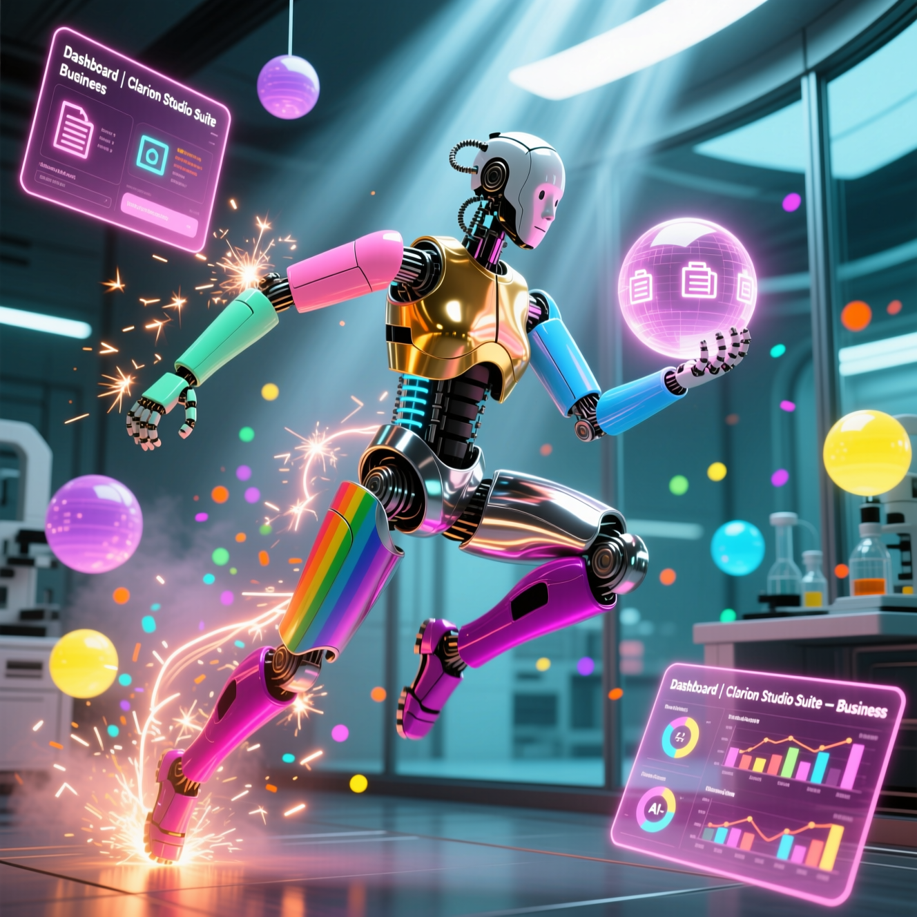 Dashboard | Clarion Studio Suite — Business category hero — chrome-plated bipedal android caught mid-motion, sparks and light particles trailing around it in sleek high-tech laboratory with glass walls, floating data panels and particle light