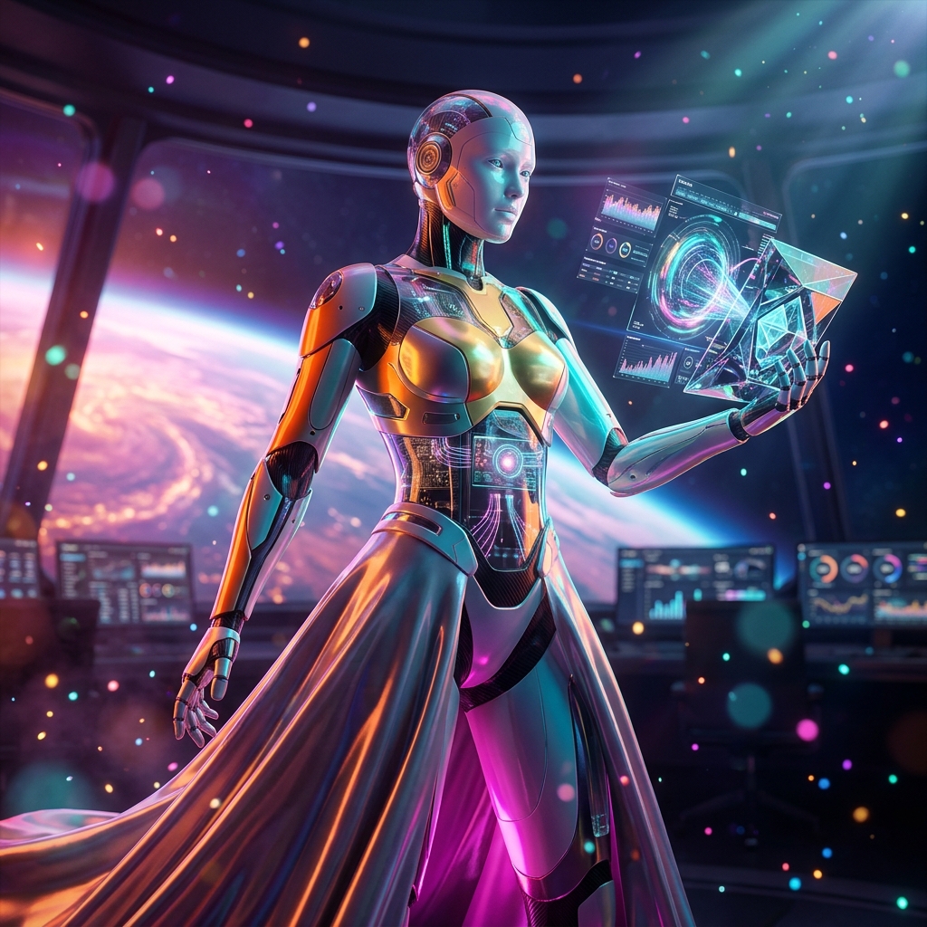 DataPilot Command | Analytics Mission Control โ Data Analytics category hero โ elegant fashion-forward android in flowing reflective couture fabric, editorial pose in orbital space station observation deck with a planet glowing outside the panoramic window
