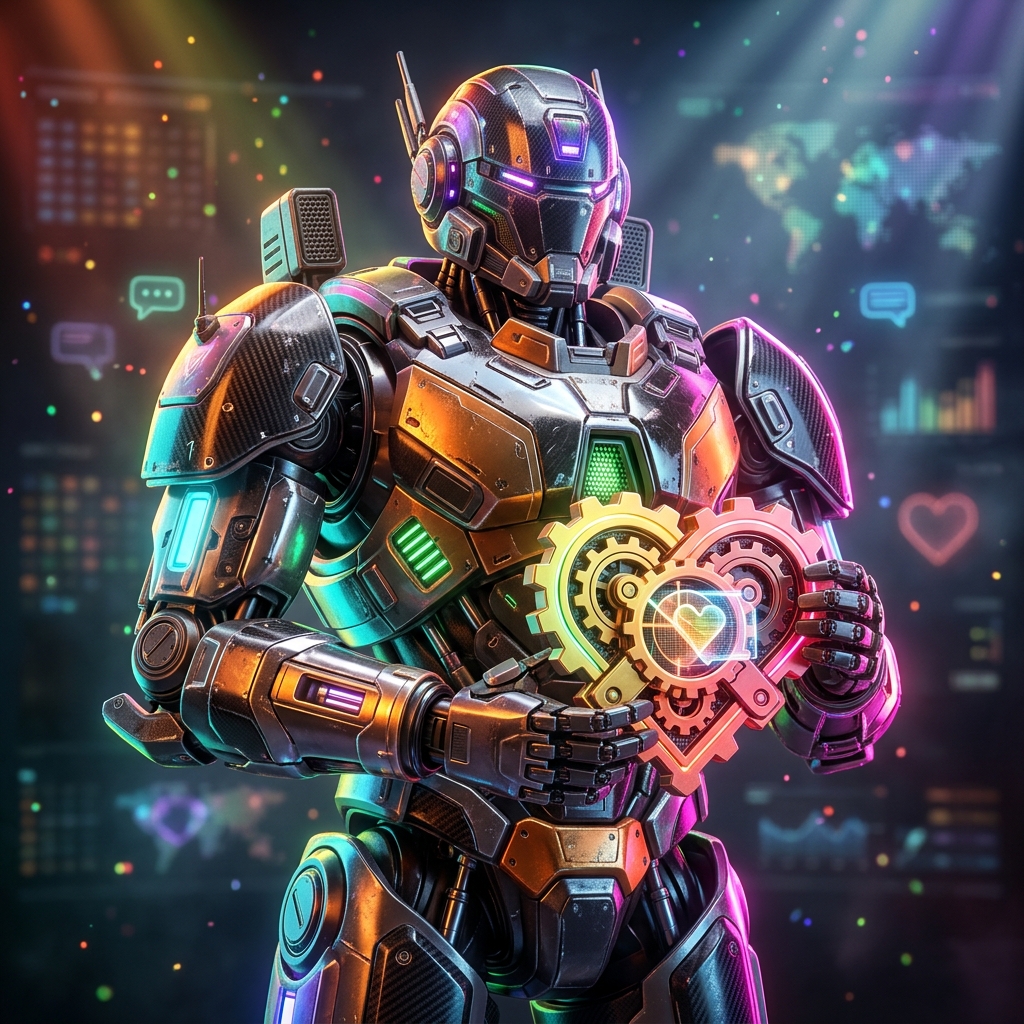 Dategrid Dispatch — Field Operations for Modern Dating — Dating category hero — heavily armored guardian robot holding a symbolic emblem of the category with both hands in dark cinematic stage with dramatic spotlights streaming down and a hazy atmospheric fog