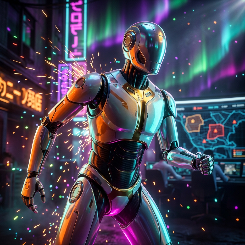 DatumGrid — Field Ops for Data Privacy & GDPR — Antivirus & Cybersecurity category hero — chrome-plated bipedal android caught mid-motion, sparks and light particles trailing around it in Blade-Runner-style noodle-shop alley with dense neon signage in the background