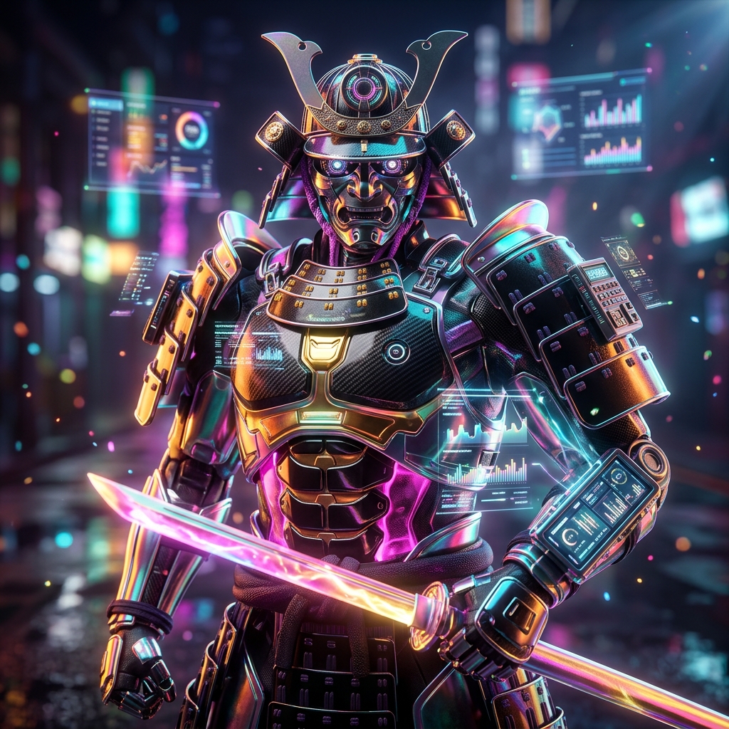 DebtChain Command — Debt Collection Operations Board — Accounting category hero — majestic samurai-styled mech in lacquered armor with neon under-glow, katana of light in hand in neon-lit cyberpunk street at night, wet pavement reflections, hovering holograms in the background