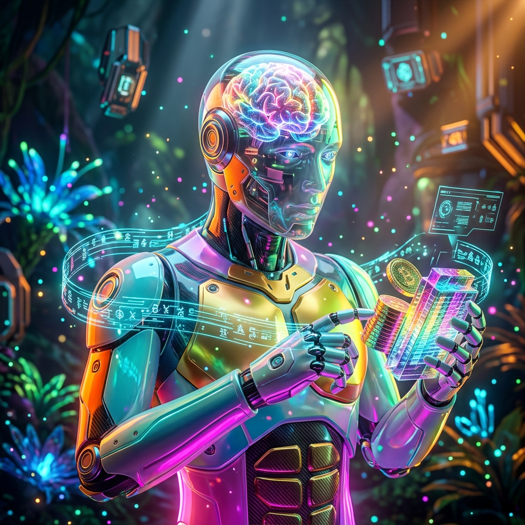 DebtPilot Pro | Recovery Operations Command — Accounting category hero — translucent glass humanoid figure with a glowing neural-network brain visible inside its head in alien jungle biome with glowing flora and floating tech artifacts