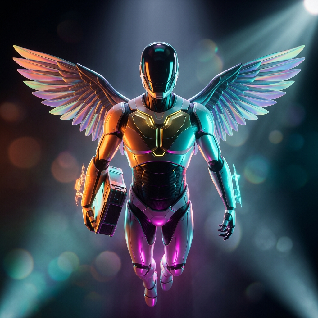 DebtPlexus — Debt Collection Command & Matter Atlas — Business Management category hero — courier-style android with iridescent wings unfurled, mid-flight silhouette against the environment in dark cinematic stage with dramatic spotlights streaming down and a hazy atmospheric fog