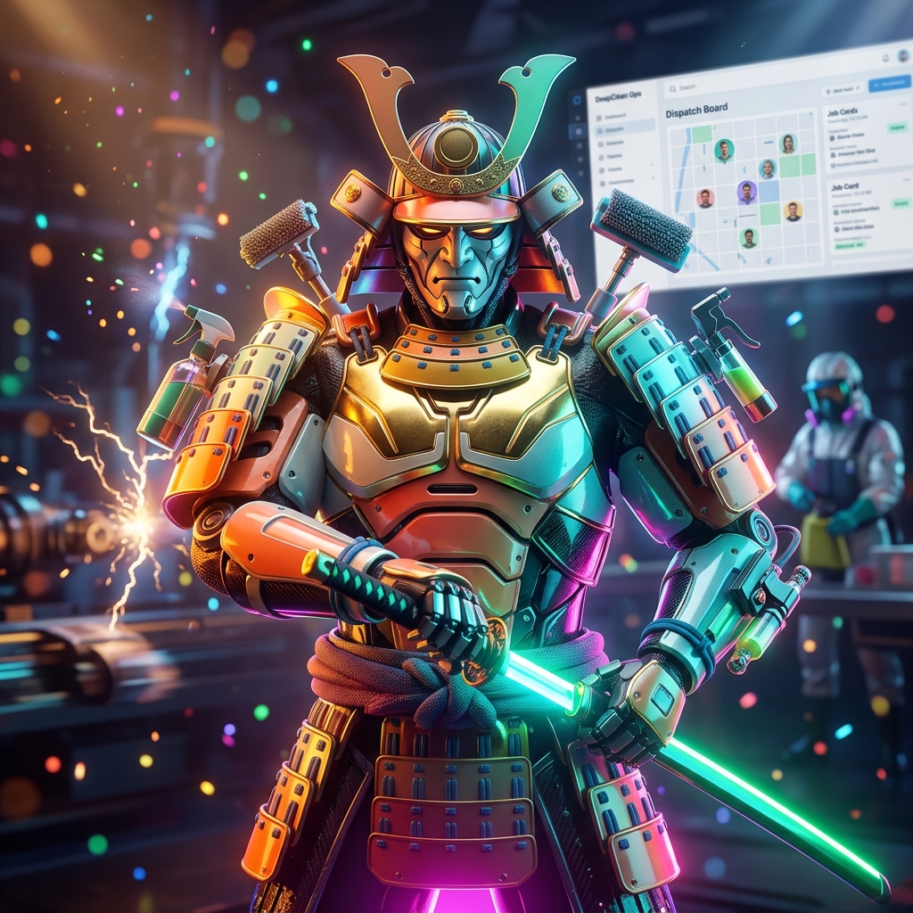 DeepClean Ops | Field Operations Grid for Cleaning Companies — Business Management category hero — majestic samurai-styled mech in lacquered armor with neon under-glow, katana of light in hand in magnetic-levitation factory floor with sparking arcs of electricity and machinery