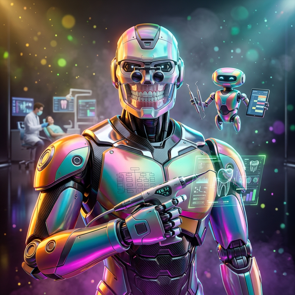DentalGrid — Field Operations for Modern Dental Practices — Business Management category hero — duo of contrasting robots — one large hero mech and a small companion droid — composed cinematically in chrome-and-glass showroom with mirrored floor and rim-lit product staging