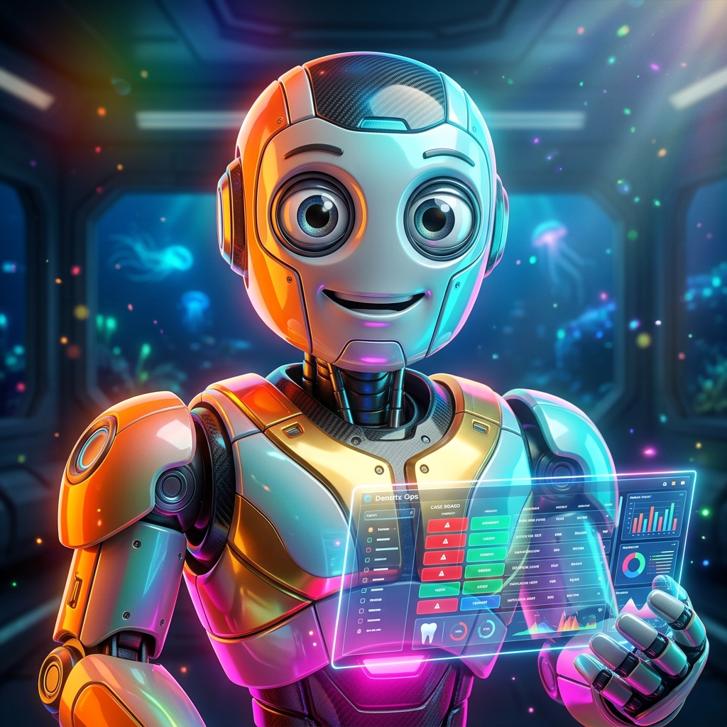 Dentrix Ops · Dental Case Command Center — Medical Services category hero — friendly Pixar-quality mascot robot with big expressive optical eyes, holding an object that represents the category in deep-sea research bay with bulkhead windows onto a bioluminescent ocean
