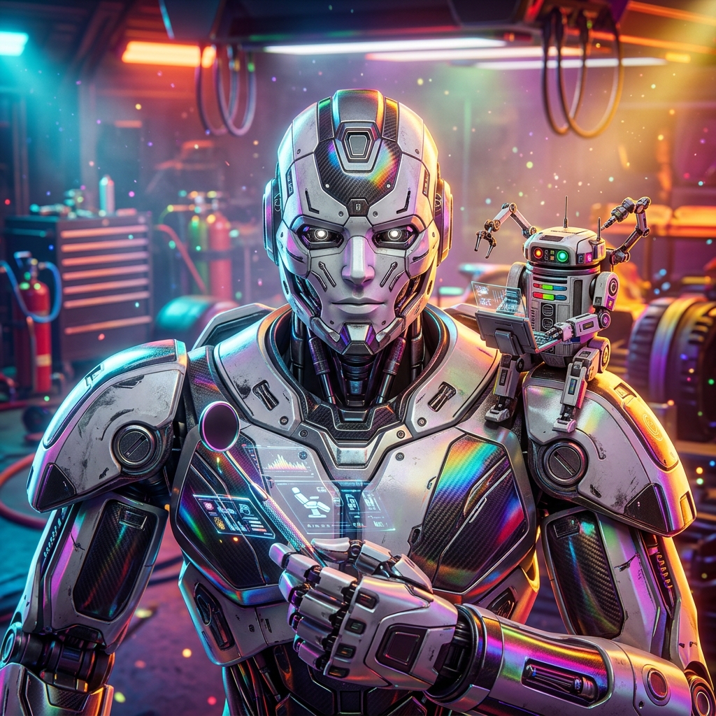 Dentrix OpsConsole — Engineering Reliability Console for Dental — Health category hero — duo of contrasting robots — one large hero mech and a small companion droid — composed cinematically in Formula-1 style pit garage with saturated color lighting and mechanical detail