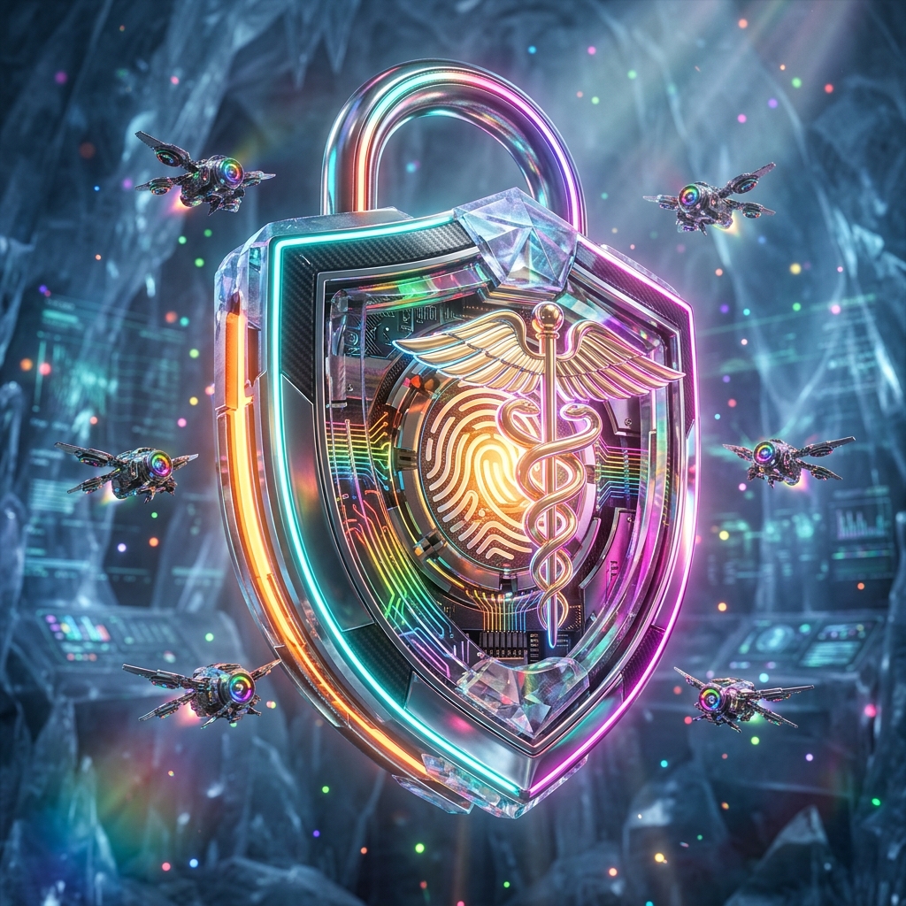 DermataLogic — Clinical Case Command Center — Digital Health category hero — glowing digital shield / padlock / crown / crystal object at the frame center, protected by hovering tech drones in crystalline ice cavern lit by bioluminescent tech installations