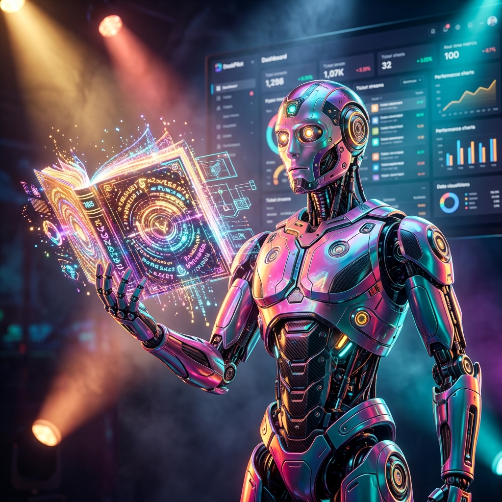 DeskPilot — Support Operations Cockpit — Business Management category hero — sci-fi wizard robot with a floating spellbook of holographic glyphs and light particles in dark cinematic stage with dramatic spotlights streaming down and a hazy atmospheric fog