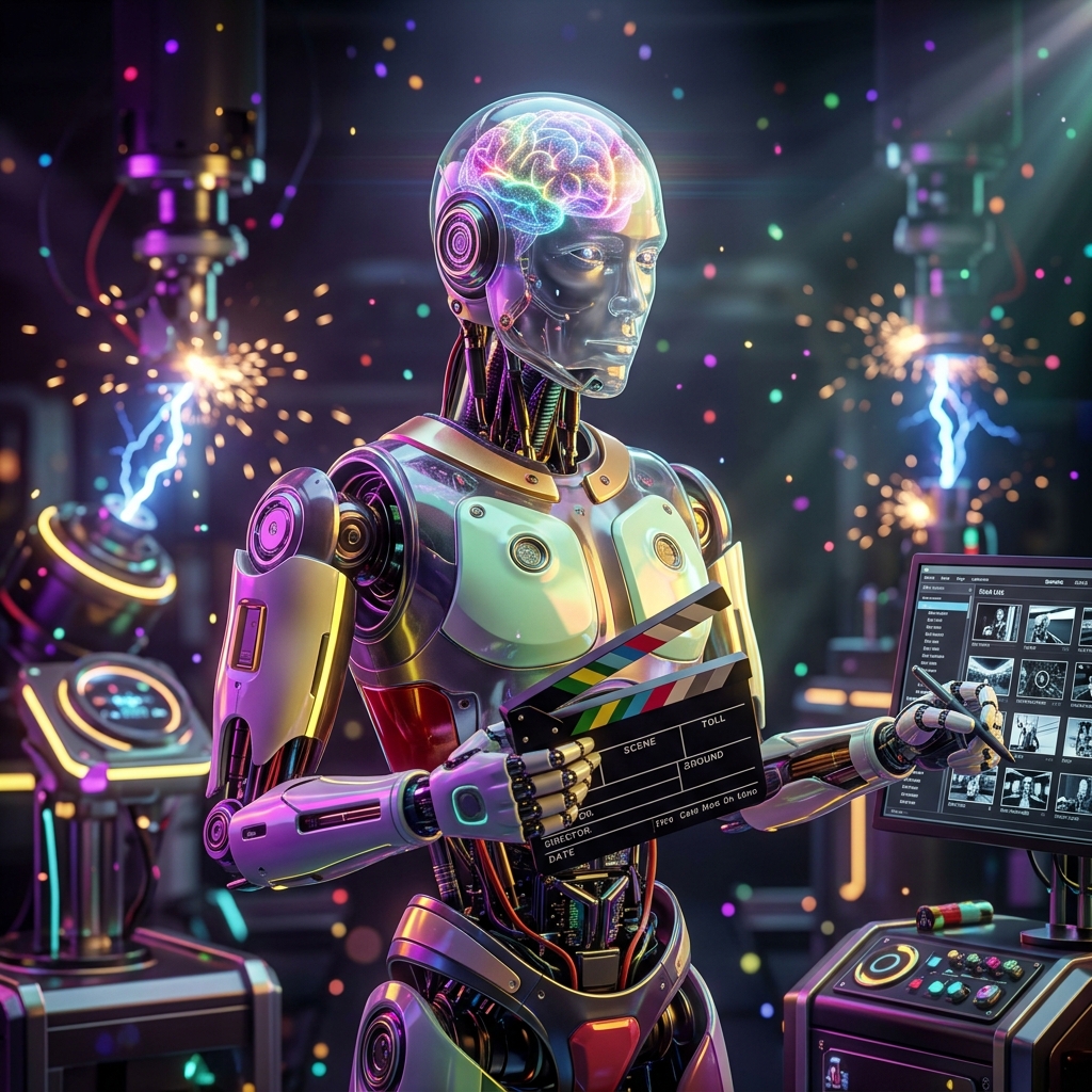 Director’s Slate — Cinematic Production Command — Video Editing category hero — translucent glass humanoid figure with a glowing neural-network brain visible inside its head in magnetic-levitation factory floor with sparking arcs of electricity and machinery