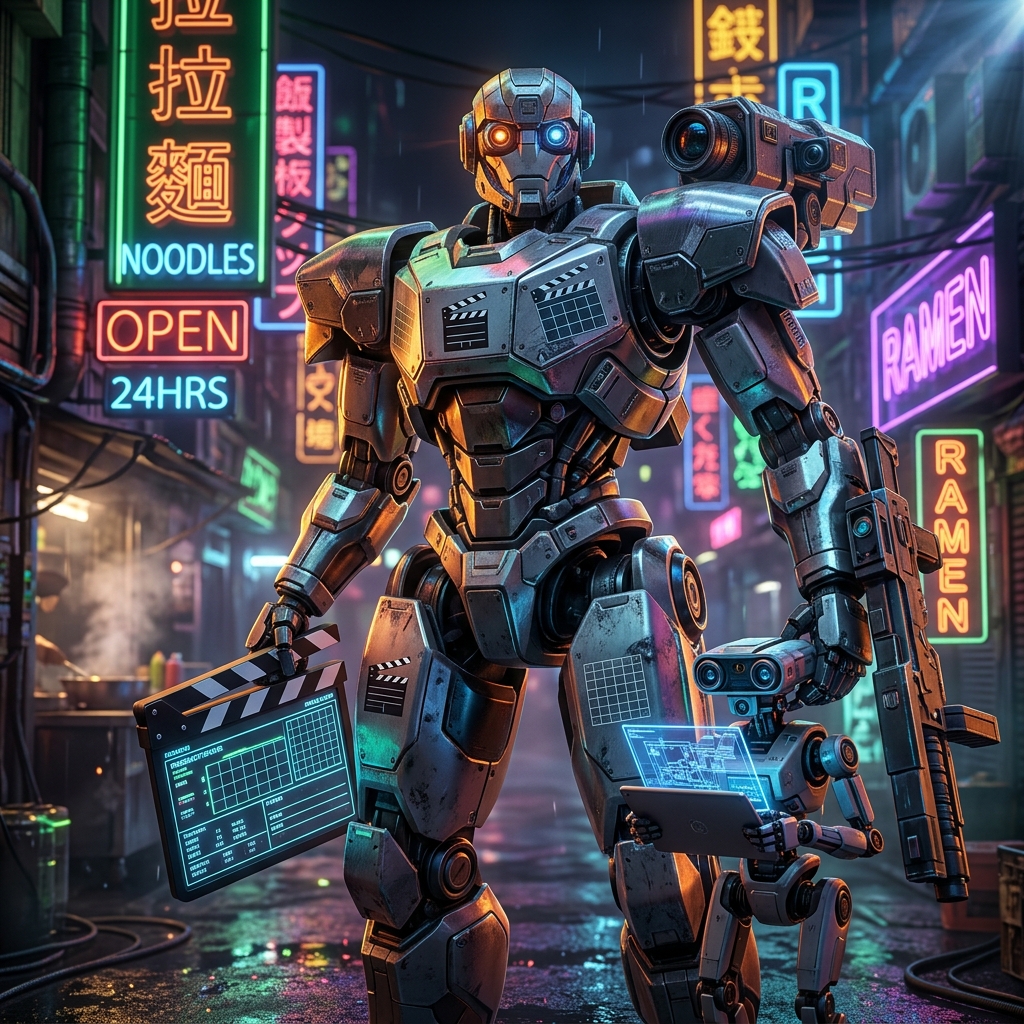 Director’s Slate — Field Operations Grid — Project Management category hero — duo of contrasting robots — one large hero mech and a small companion droid — composed cinematically in Blade-Runner-style noodle-shop alley with dense neon signage in the background