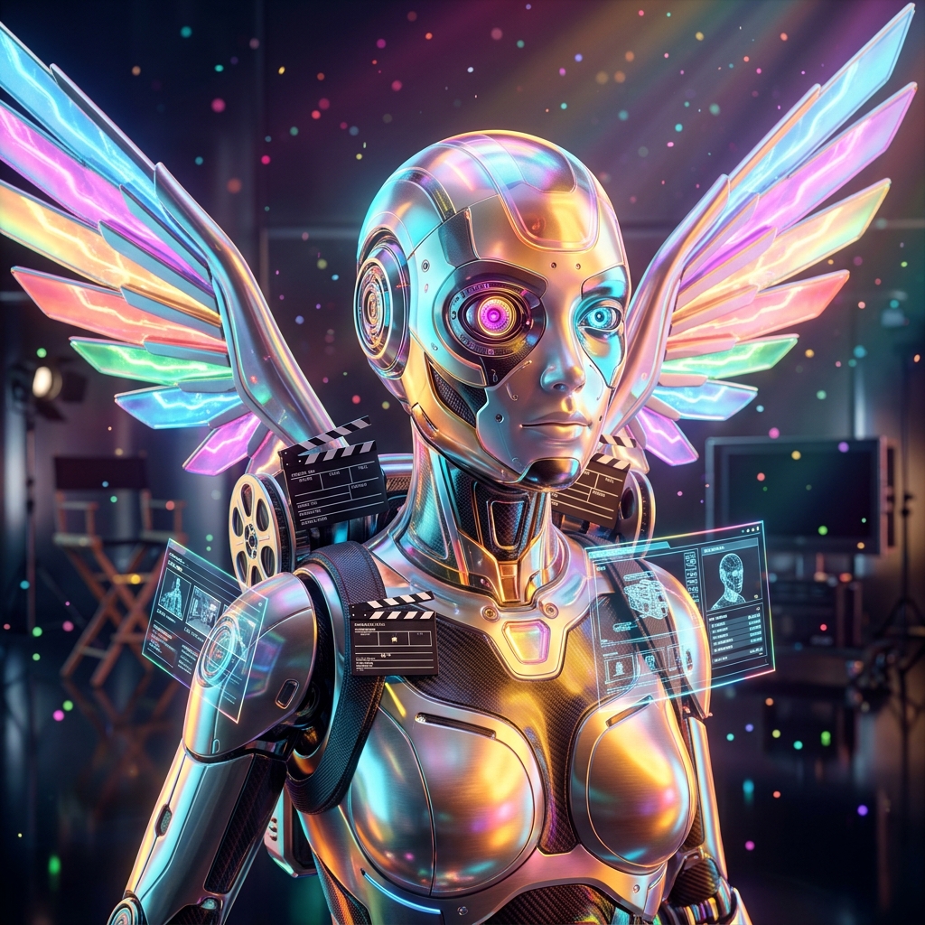 Director’s Slate | Production Command — 3D Modeling category hero — courier-style android with iridescent wings unfurled, mid-flight silhouette against the environment in chrome-and-glass showroom with mirrored floor and rim-lit product staging