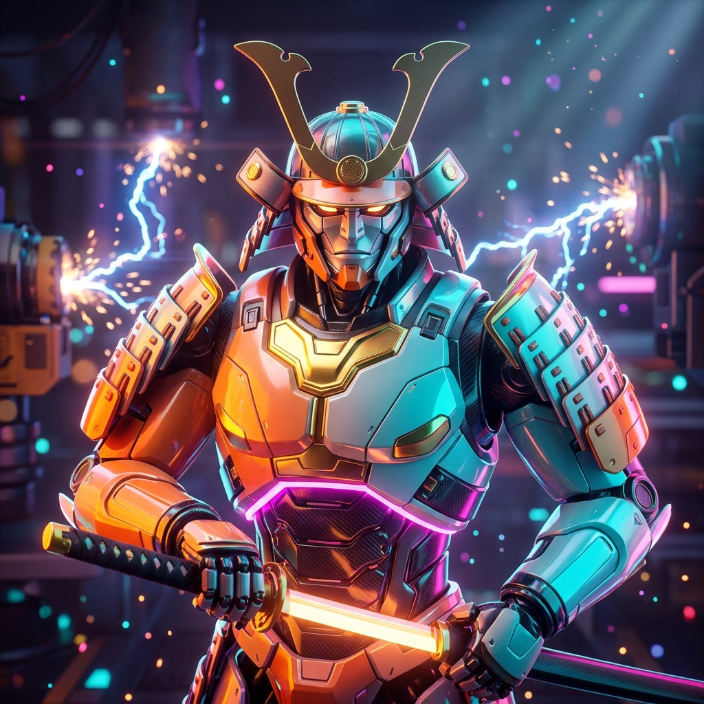 Director's Slate — Studio Production Command — 3D Modeling category hero — majestic samurai-styled mech in lacquered armor with neon under-glow, katana of light in hand in magnetic-levitation factory floor with sparking arcs of electricity and machinery
