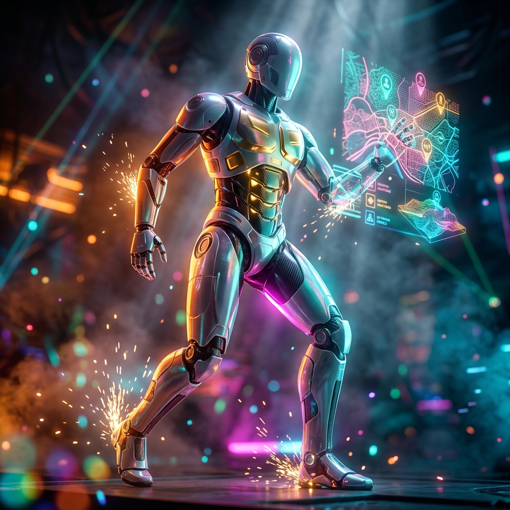 DispatchCore — Field Operations Command — 3D Modeling category hero — chrome-plated bipedal android caught mid-motion, sparks and light particles trailing around it in underground rave-like data cathedral with laser beams cutting through smoke