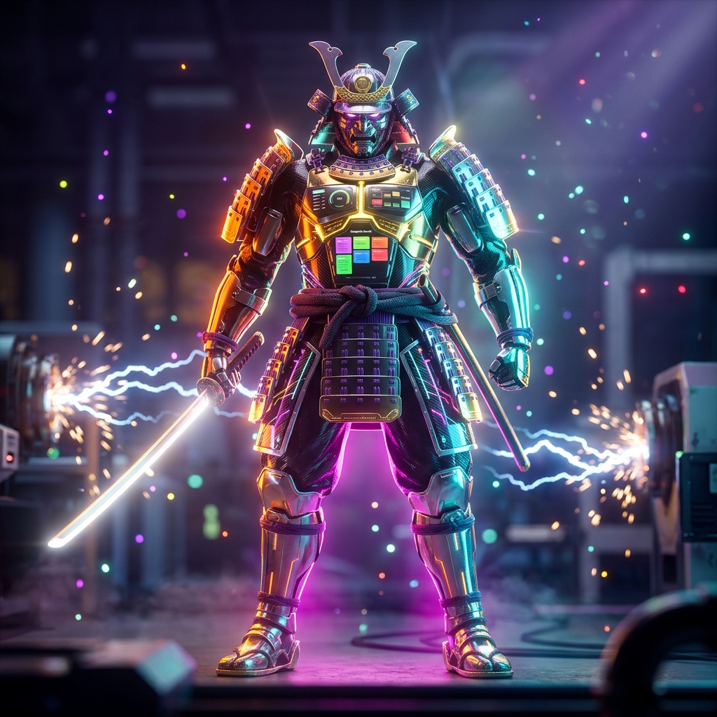 DispatchGrid Alpha — Field Operations Terminal for Newsletter Op — Email Marketing category hero — majestic samurai-styled mech in lacquered armor with neon under-glow, katana of light in hand in magnetic-levitation factory floor with sparking arcs of electricity and machinery