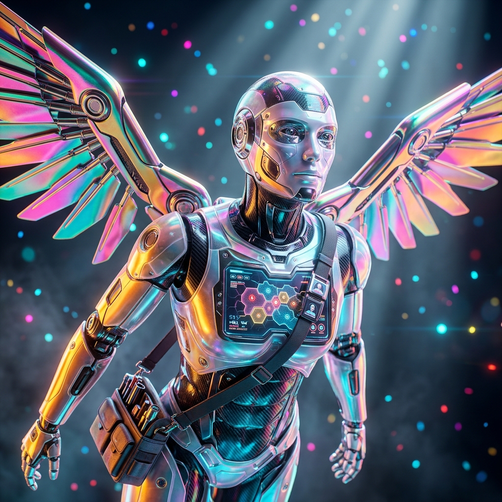 DispatchGrid — Field Operations Control Plane — DevOps category hero — courier-style android with iridescent wings unfurled, mid-flight silhouette against the environment in dark cinematic stage with dramatic spotlights streaming down and a hazy atmospheric fog