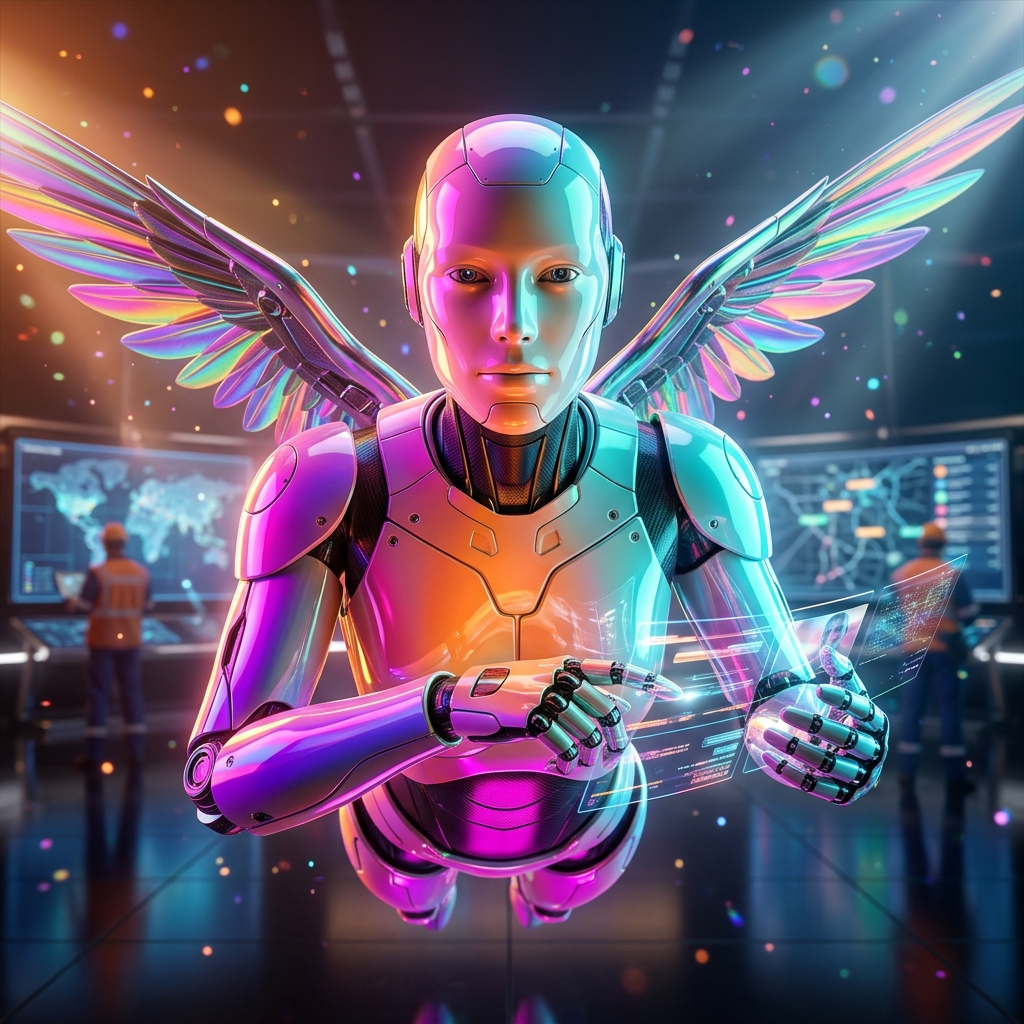 DispatchGrid — Field Operations Terminal — Video Calls category hero — courier-style android with iridescent wings unfurled, mid-flight silhouette against the environment in chrome-and-glass showroom with mirrored floor and rim-lit product staging