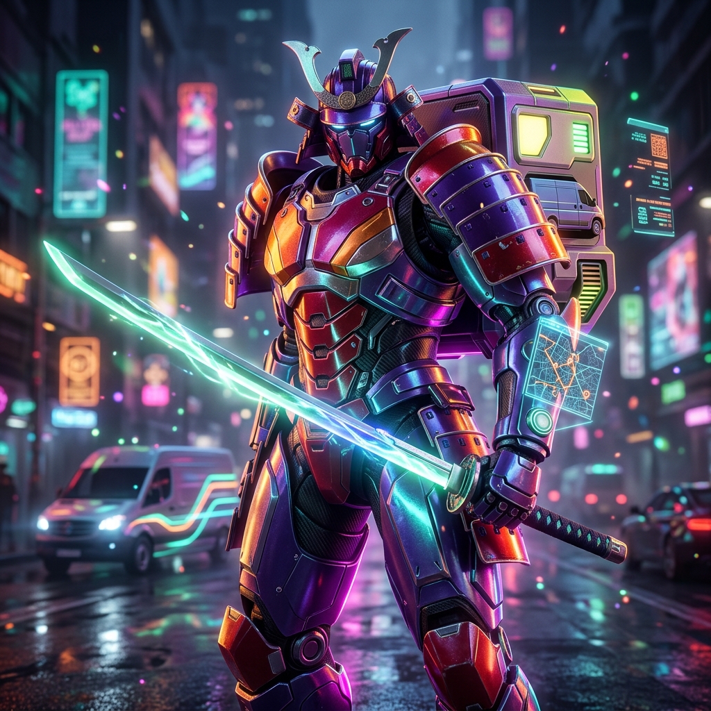 DispatchLedger — Last-Mile Delivery Management — Delivery category hero — majestic samurai-styled mech in lacquered armor with neon under-glow, katana of light in hand in neon-lit cyberpunk street at night, wet pavement reflections, hovering holograms in the background