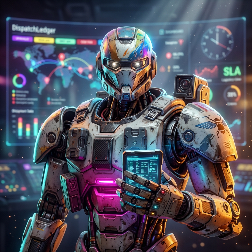 DispatchLedger — Shipment Exception Command — Shipping & Logistics category hero — war-worn but heroic mech pilot robot with painted panels, weathered detail, cinematic hero lighting in futuristic control room with massive glowing holographic screens and volumetric light rays