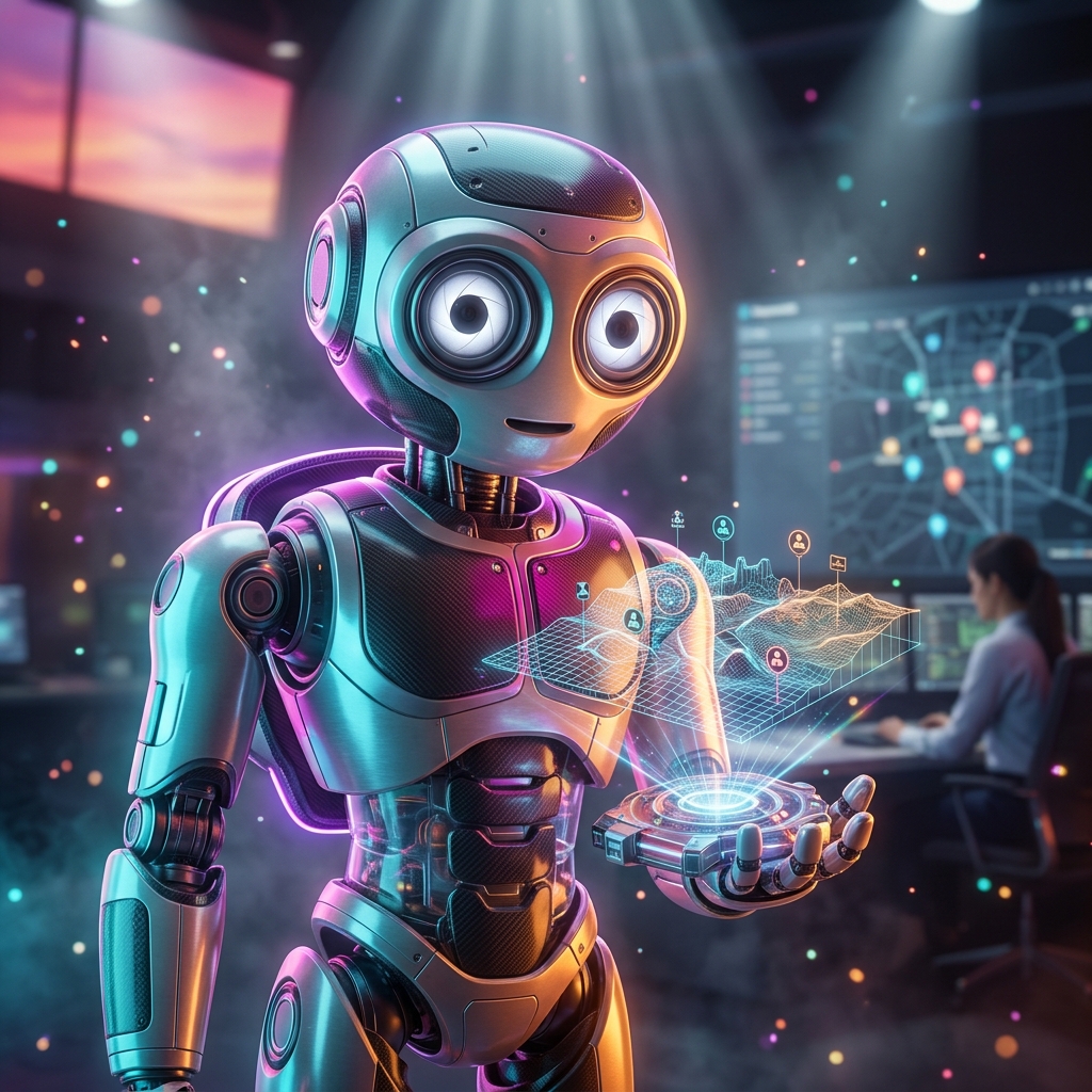 DispatchOS — Field Operations Grid — 3D Modeling category hero — friendly Pixar-quality mascot robot with big expressive optical eyes, holding an object that represents the category in dark cinematic stage with dramatic spotlights streaming down and a hazy atmospheric fog