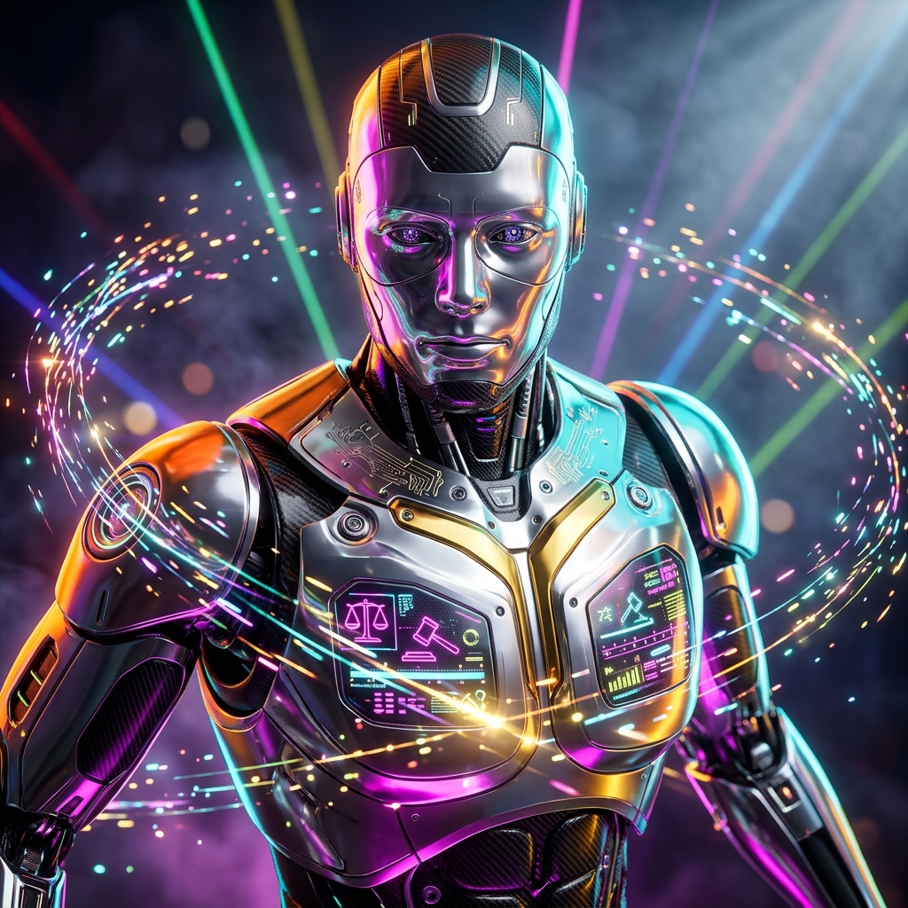 Docket Atlas | Legal Matter Intelligence Cockpit — Legal category hero — chrome-plated bipedal android caught mid-motion, sparks and light particles trailing around it in underground rave-like data cathedral with laser beams cutting through smoke