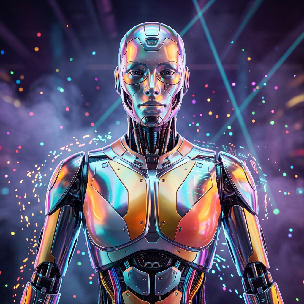 DocketAtlas — Legal Matter Atlas & Cockpit — Legal category hero — chrome-plated bipedal android caught mid-motion, sparks and light particles trailing around it in underground rave-like data cathedral with laser beams cutting through smoke